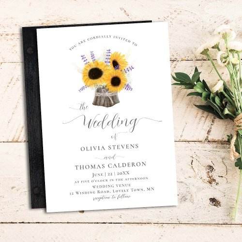 Rustic Sunflowers Lavender Elegant Bouquet Wedding Invitation