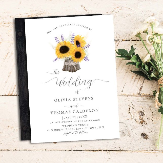 Rustic Sunflowers Lavender Elegant Bouquet Wedding Invitation (Creator Uploaded)