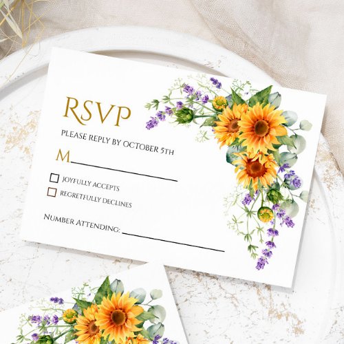 Rustic Sunflowers  Lavender RSVP Wedding Card