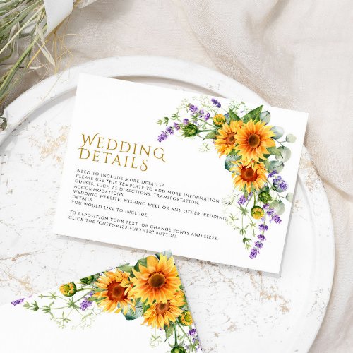 Rustic Sunflowers  Lavender Wedding Details Enclosure Card