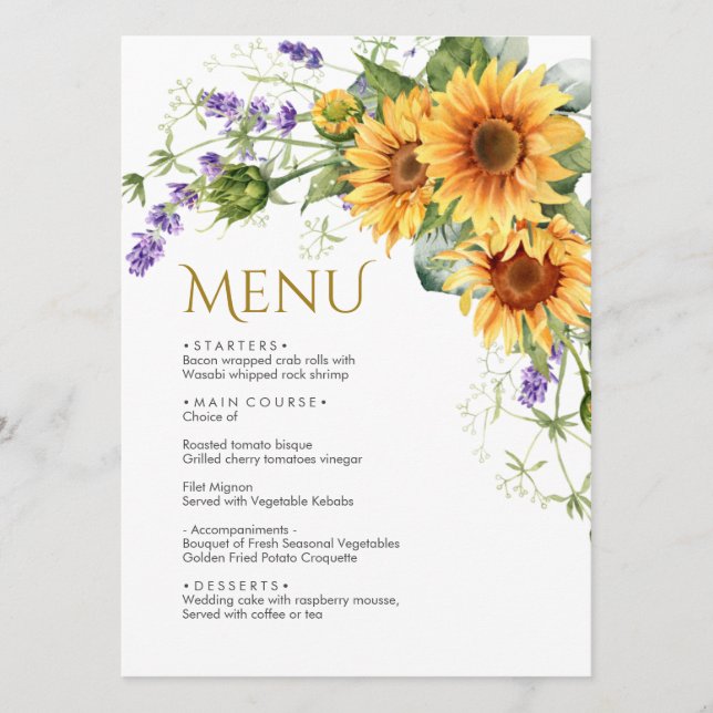 Rustic Sunflowers & Lavender Wedding Menu (Front)