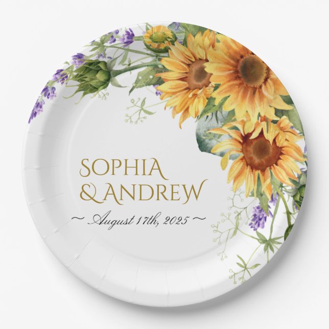 Rustic Sunflowers & Lavender Wedding Paper Plates (Front)