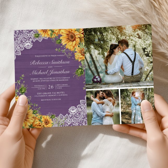 Rustic Sunflowers Lavender Wood QR Code Wedding Invitation (Creator Uploaded)