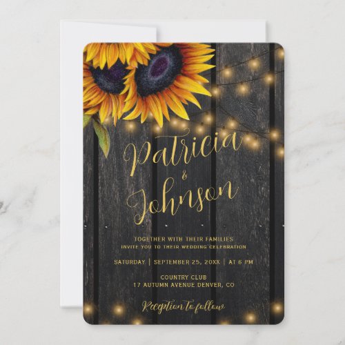 Rustic sunflowers lights barn wood wedding invitation