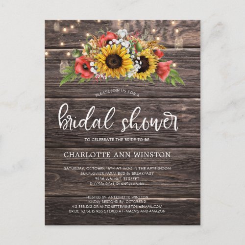Rustic Sunflowers Lights Bridal Shower Invitation Postcard