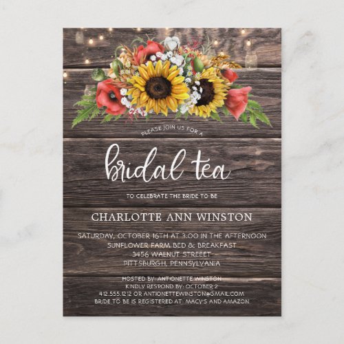 Rustic Sunflowers Lights Bridal Tea Invitation Postcard