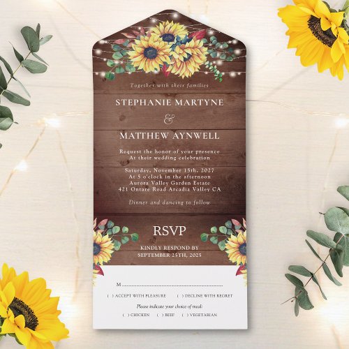 Rustic Sunflowers Lights Eucalyptus Fall Wedding All In One Invitation