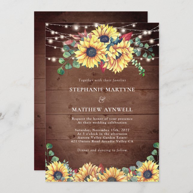 Rustic Sunflowers Lights Eucalyptus Fall Wedding Invitation (Front/Back)