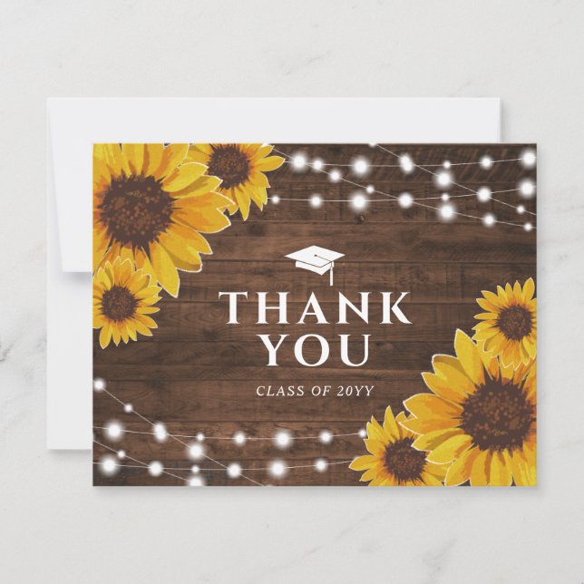Rustic Sunflowers Lights Graduation Thank You Announcement (Front)