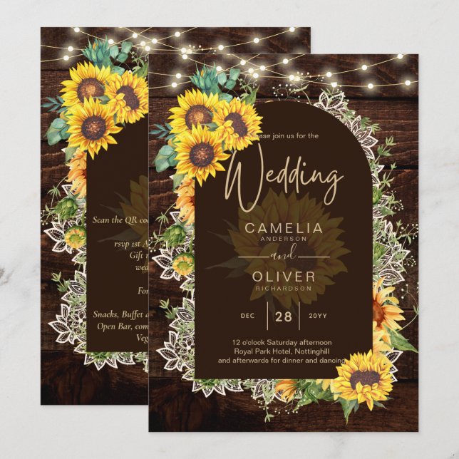 Rustic Sunflowers Lights Lace Arch Wedding Invitation (Front/Back)
