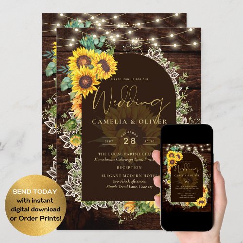 Rustic Sunflowers Lights Lace Arch Wedding Invitation