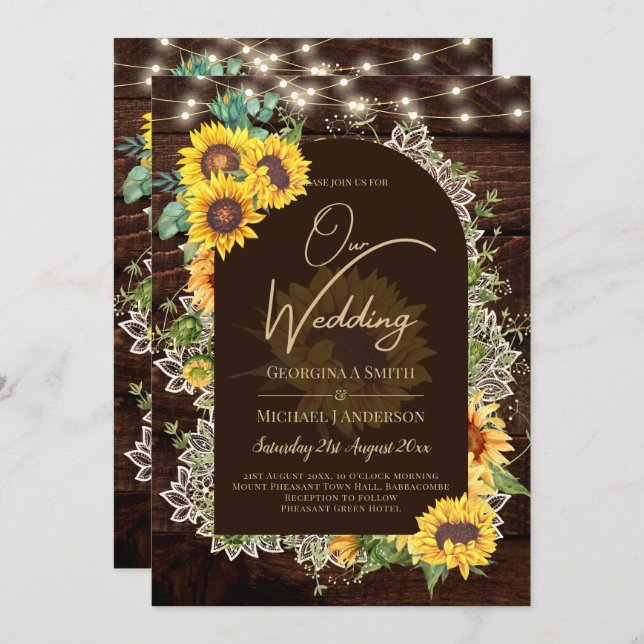 Rustic Sunflowers Lights Lace Arch Wedding Invitation (Front/Back)