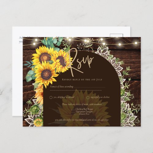 Rustic Sunflowers Lights Lace Arch Wedding Postcard