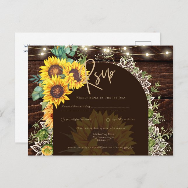 Rustic Sunflowers Lights Lace Arch Wedding Postcard (Front/Back)