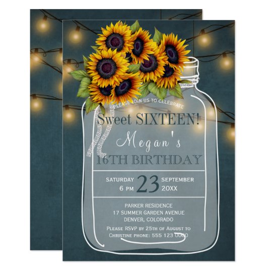 Rustic Sunflowers lights mason jar sweet sixteen Invitation