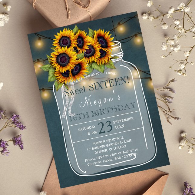 Rustic | Sunflowers lights mason jar sweet sixteen Invitation (Creator Uploaded)