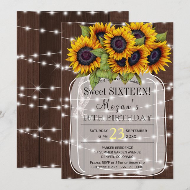 Rustic | Sunflowers lights mason jar sweet sixteen Invitation (Front/Back)