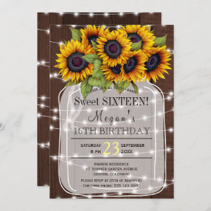 Rustic Sunflowers lights mason jar sweet sixteen Invitation