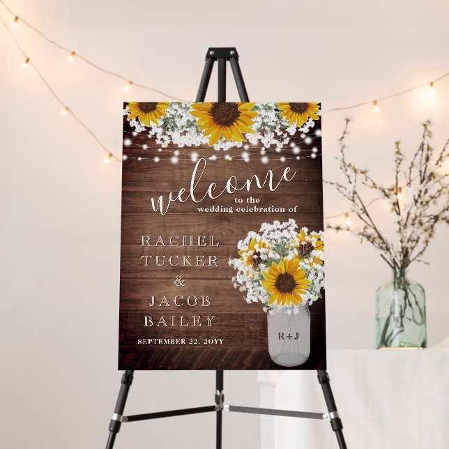 Rustic Sunflowers Lights Mason Jar Welcome Wedding Foam Board (In Situ (Stand))