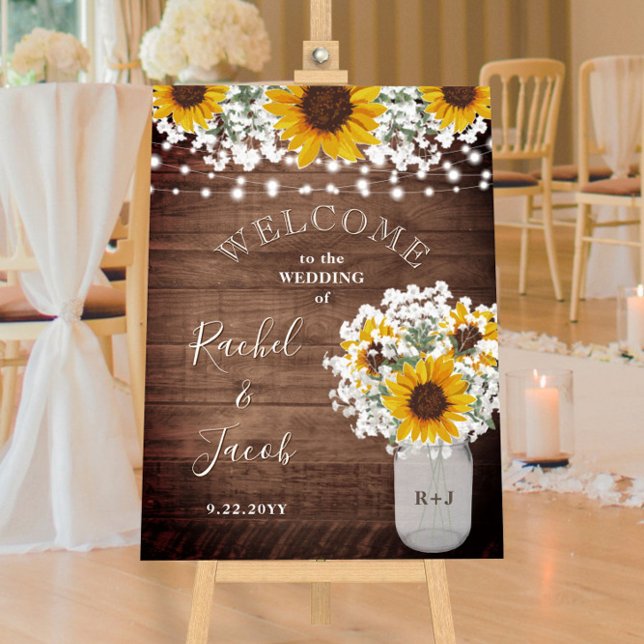 Rustic Sunflowers Lights Mason Jar Welcome Wedding Foam Board (Creator Uploaded)