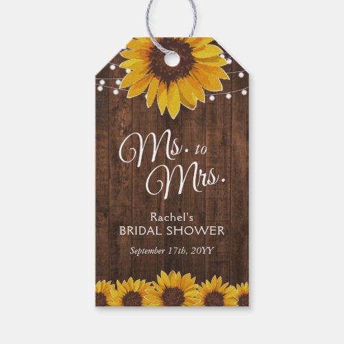 Rustic Sunflowers Lights Ms to Mrs Bridal Shower Gift Tags