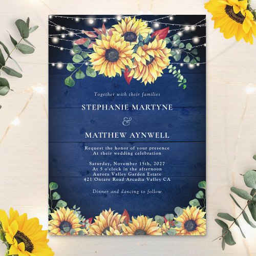 Rustic Sunflowers Lights Navy Blue Wood Wedding Invitation