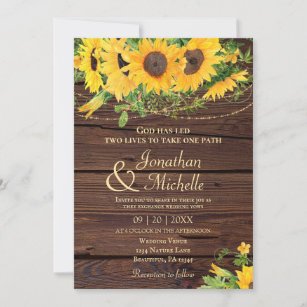 Rustic Sunflowers Lights on Wood Christian Wedding Invitation