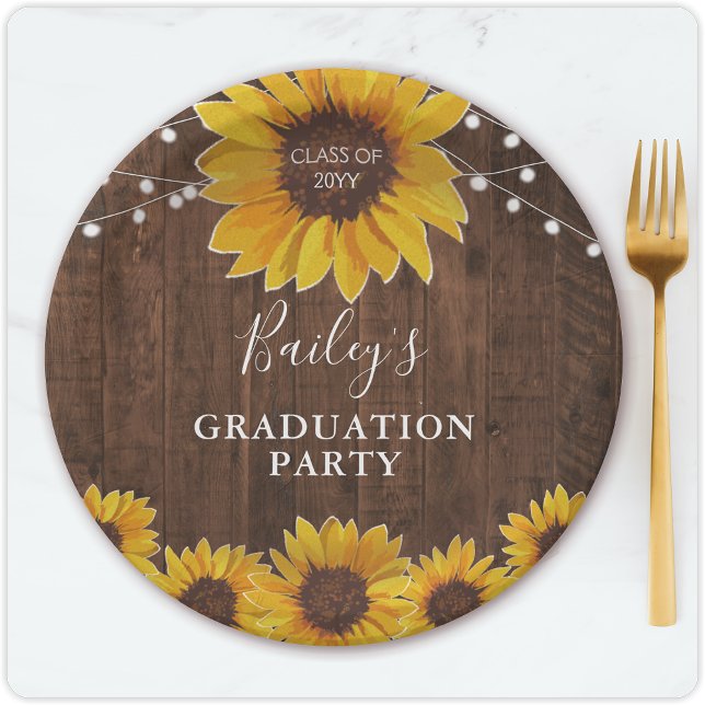 Rustic Sunflowers & Lights Photo Graduation Party Paper Plates (Creator Uploaded)