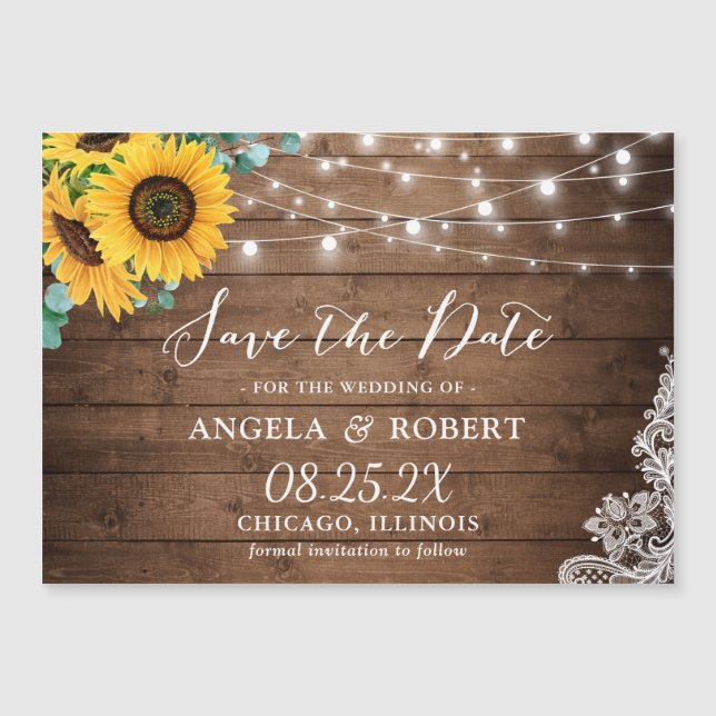 Rustic Sunflowers Lights Save the Date Magnet (Front)