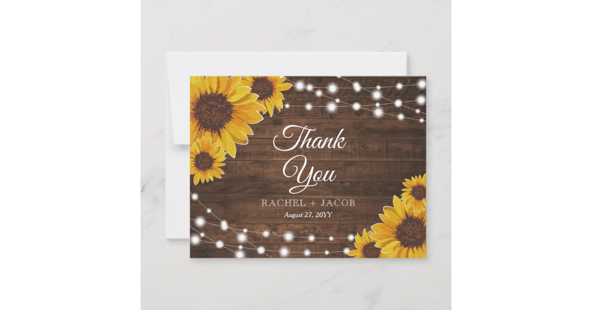 Rustic Sunflowers Lights Wedding Thank You Card | Zazzle