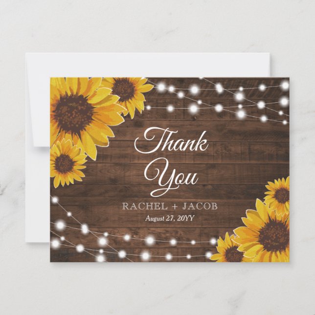 Rustic Sunflowers Lights Wedding Thank You Card (Front)
