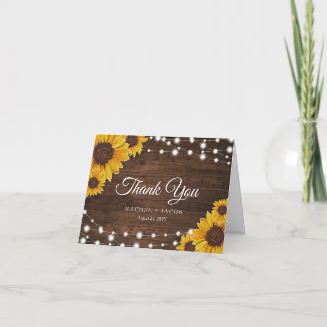 Rustic Sunflowers & Lights Wedding Thank You Card | Zazzle