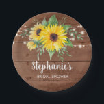 Rustic Sunflowers Lights Wood Bridal Shower Paper Plates<br><div class="desc">These bridal shower plates feature watercolor sunflowers and string lights on a wood background. Personalize the text with the bride's name. Other matching bridal shower party products also available.</div>