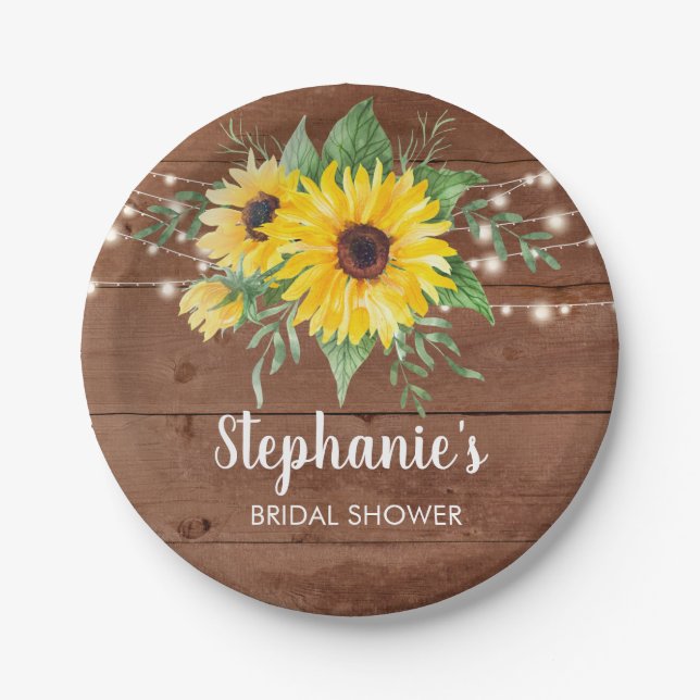 Rustic Sunflowers Lights Wood Bridal Shower Paper Plates (Front)