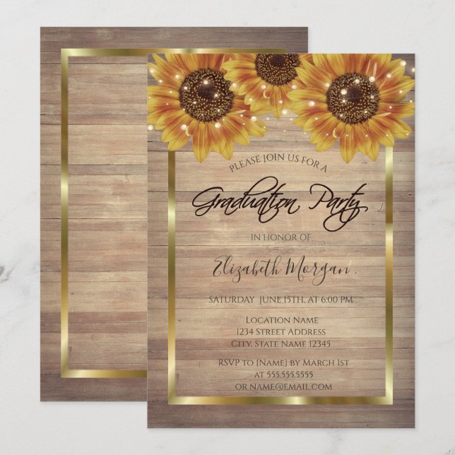 Rustic Sunflowers,Lights, Wood Graduation Party Invitation (Front/Back)