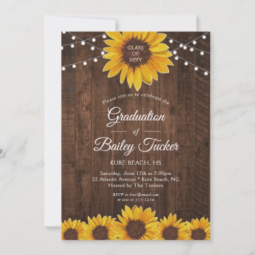 Rustic Sunflowers Lights Wood Graduation Party Invitation