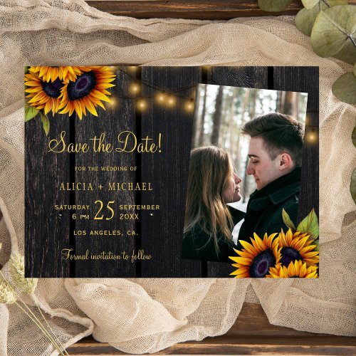 Rustic sunflowers lights wood photo wedding save the date