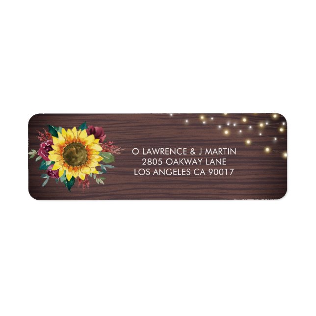 Rustic Sunflowers Lights Wood Wedding Address Label (Front)