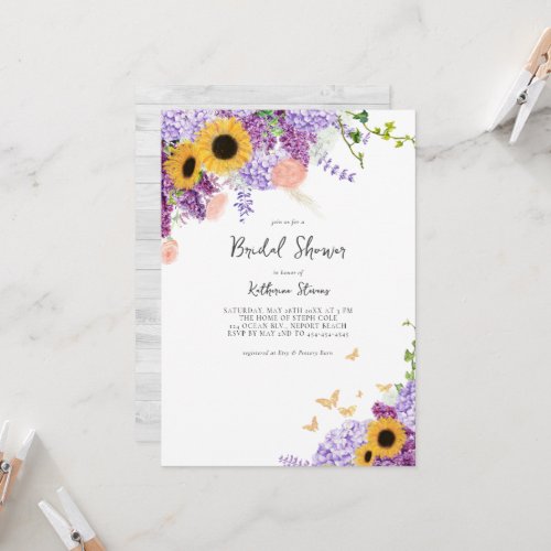 Rustic Sunflowers Lilac Country Chic Bridal Shower Invitation