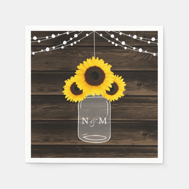 Rustic Sunflowers Mason Jar Barn Wood Wedding Napkins (Front)