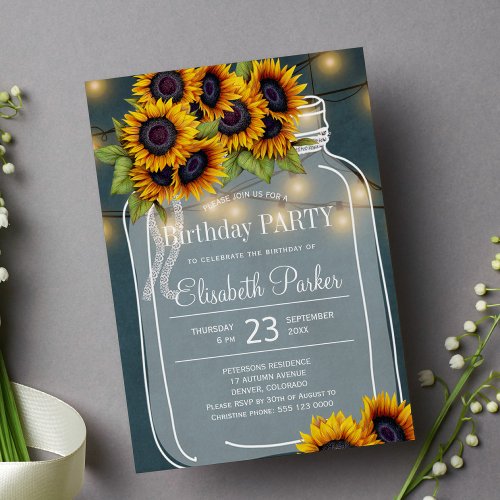 Rustic sunflowers mason jar birthday party invitation