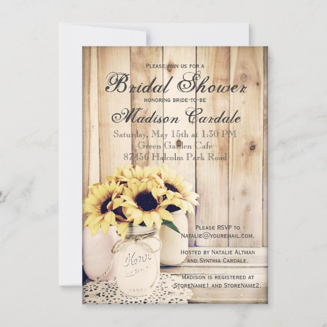 Rustic Sunflowers Mason Jar Bridal Shower Invites (Front)