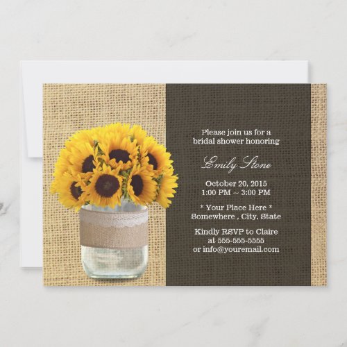 Rustic Sunflowers &amp; Mason Jar Burlap Bridal Shower 5x7 Paper Invitation Card