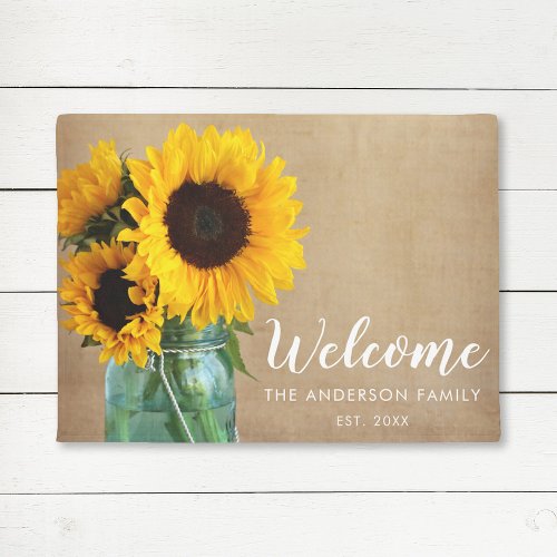 Rustic Sunflowers Mason Jar Country Personalized Doormat