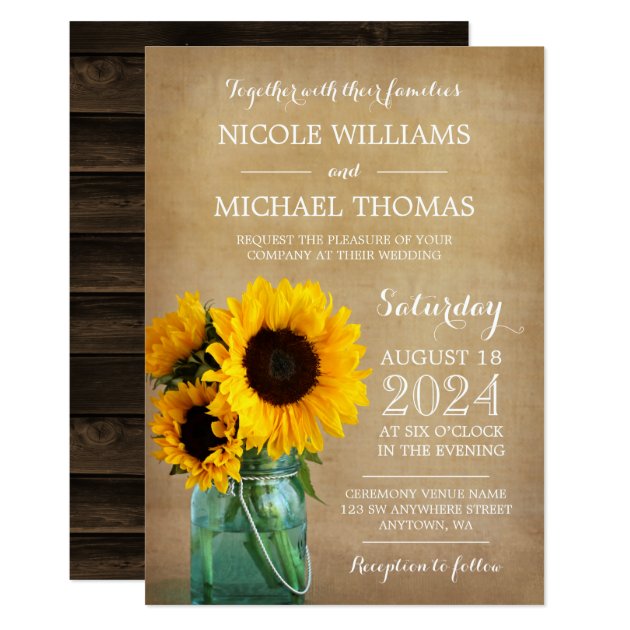 Rustic Sunflowers Mason Jar Country Wedding Invitation