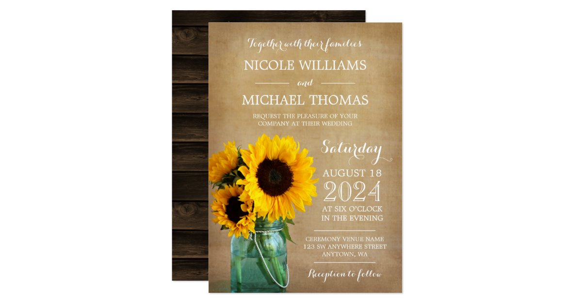 Rustic Sunflowers Mason Jar Country Wedding Invitation Zazzle Com