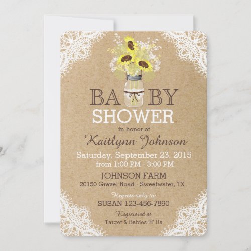 Rustic Sunflowers Mason Jar Lace Kraft Baby Shower Invitation