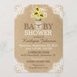 Rustic Sunflowers Mason Jar Lace Kraft Baby Shower Invitation