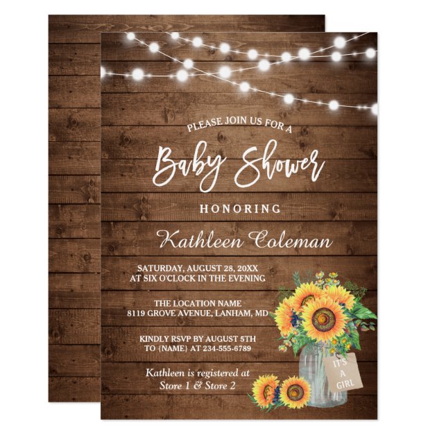 Rustic Sunflowers Mason Jar Lights Baby Shower Card (front side)