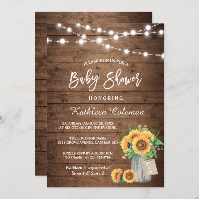 Rustic Sunflowers Mason Jar Lights Baby Shower Invitation (Front/Back)